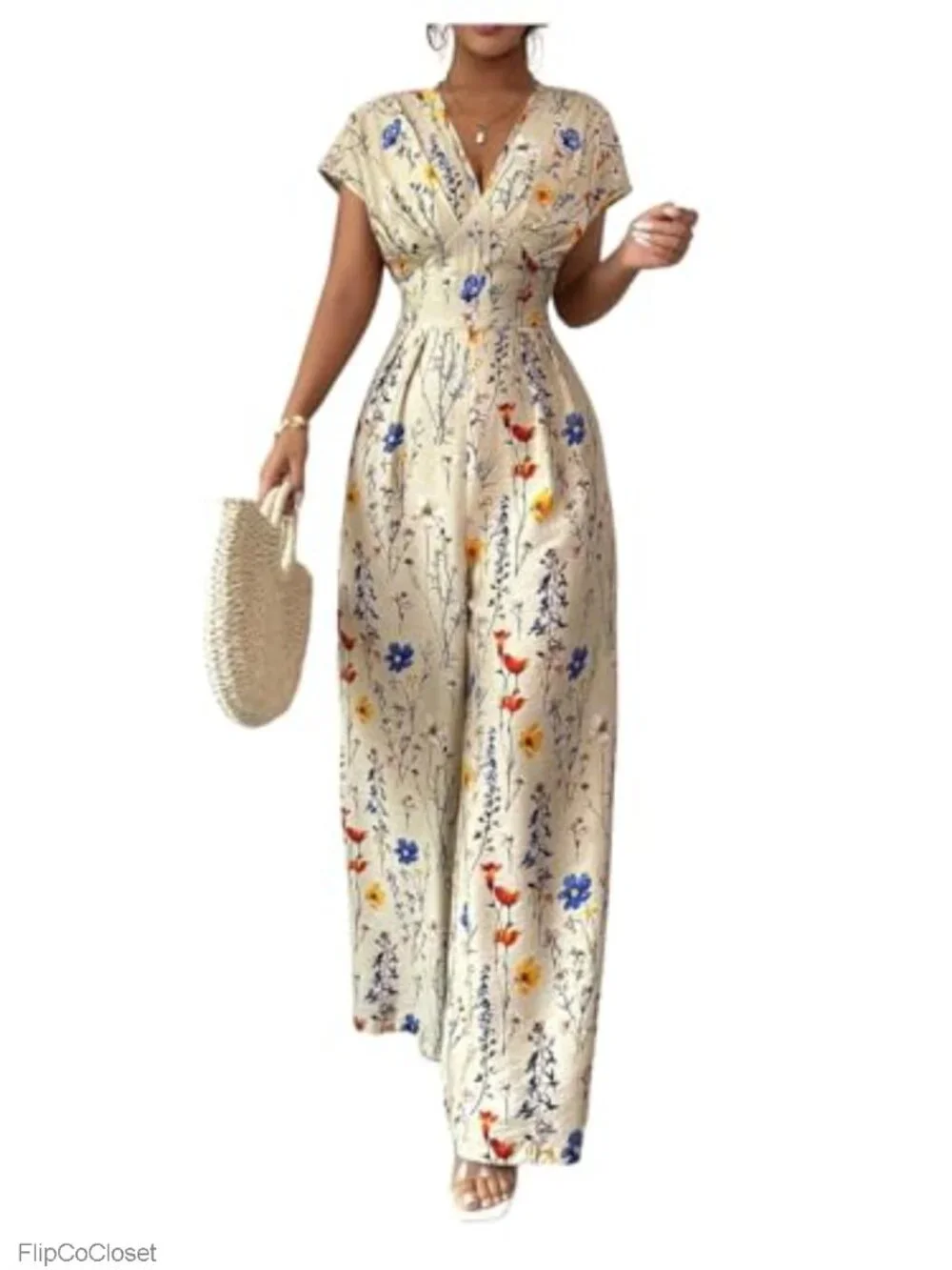 Women's Floral V-Neck Cap Sleeve Wide Leg Jumpsuit Romper
